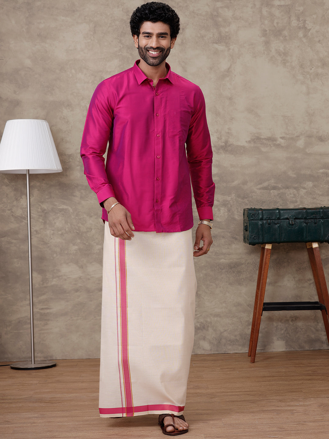 Men Cardinal Pink Silk Cotton Shirt With Matching Border Tissue Dhoti Set CCB Fortune