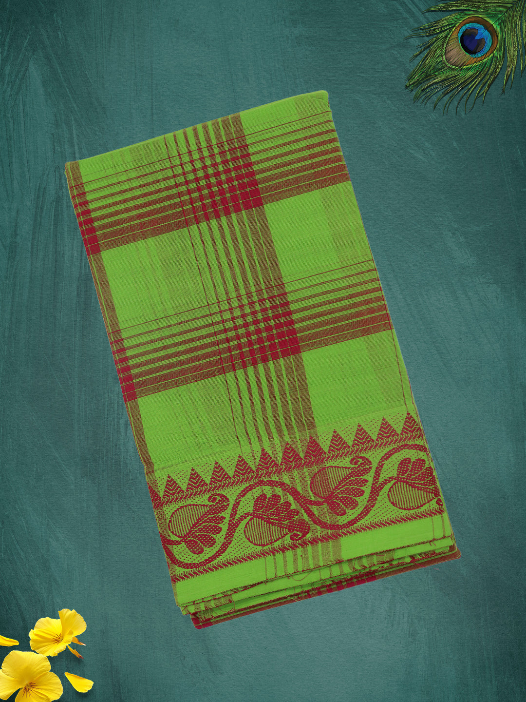 Women Parrot Green Checks Pure Chettinad Cotton Saree PCS232