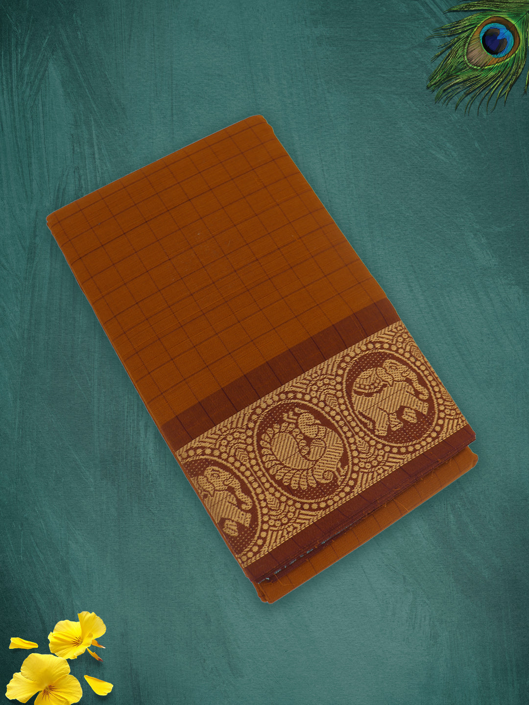 Women Burnt Orange Checks Pure Chettinad Cotton Saree PCS221