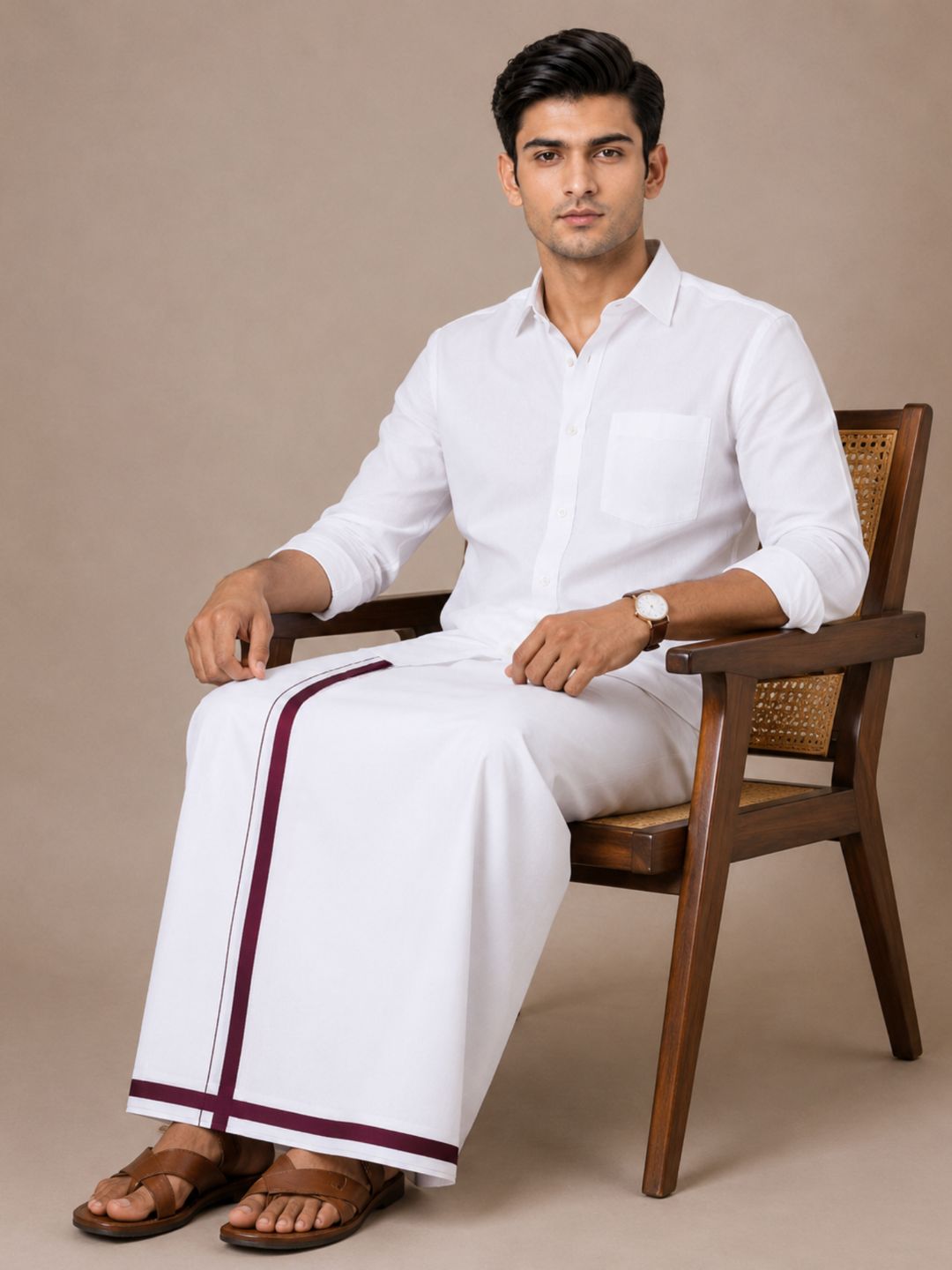 Men 100% Cotton Single Layer Big Border Dhoti Park Sun PS01