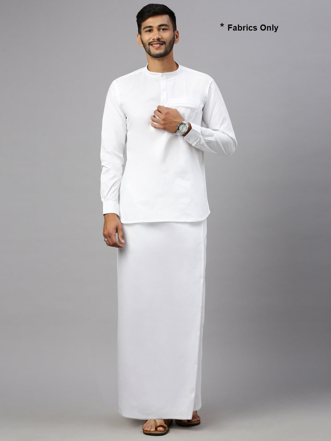 Men Bamboo Cotton White Kurta Fabric with Paramas Dhoti Set