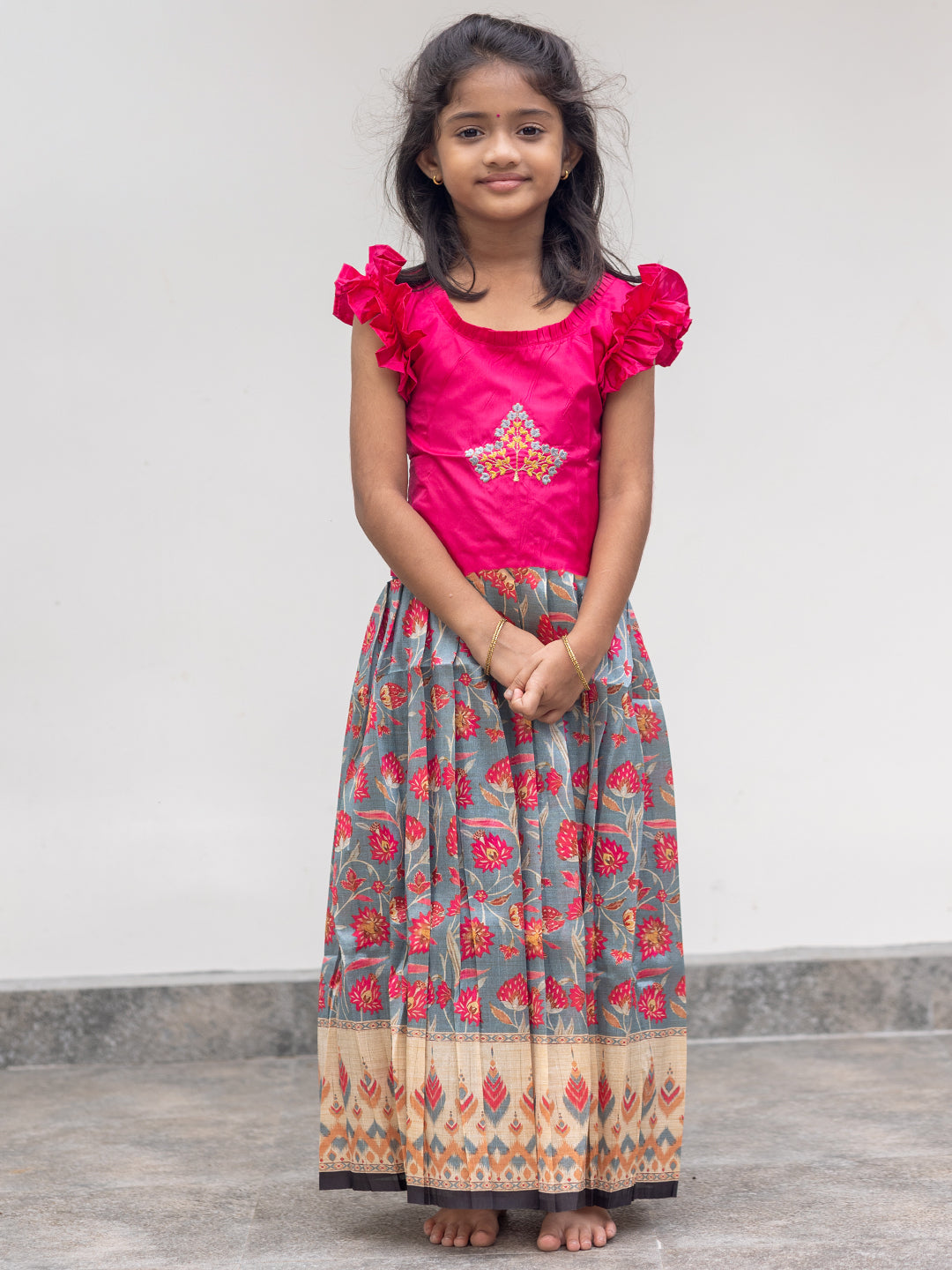 Girls Pattu Pavadai Set Pink & Cadet Blue Traditional Ethnic Wear GPS37