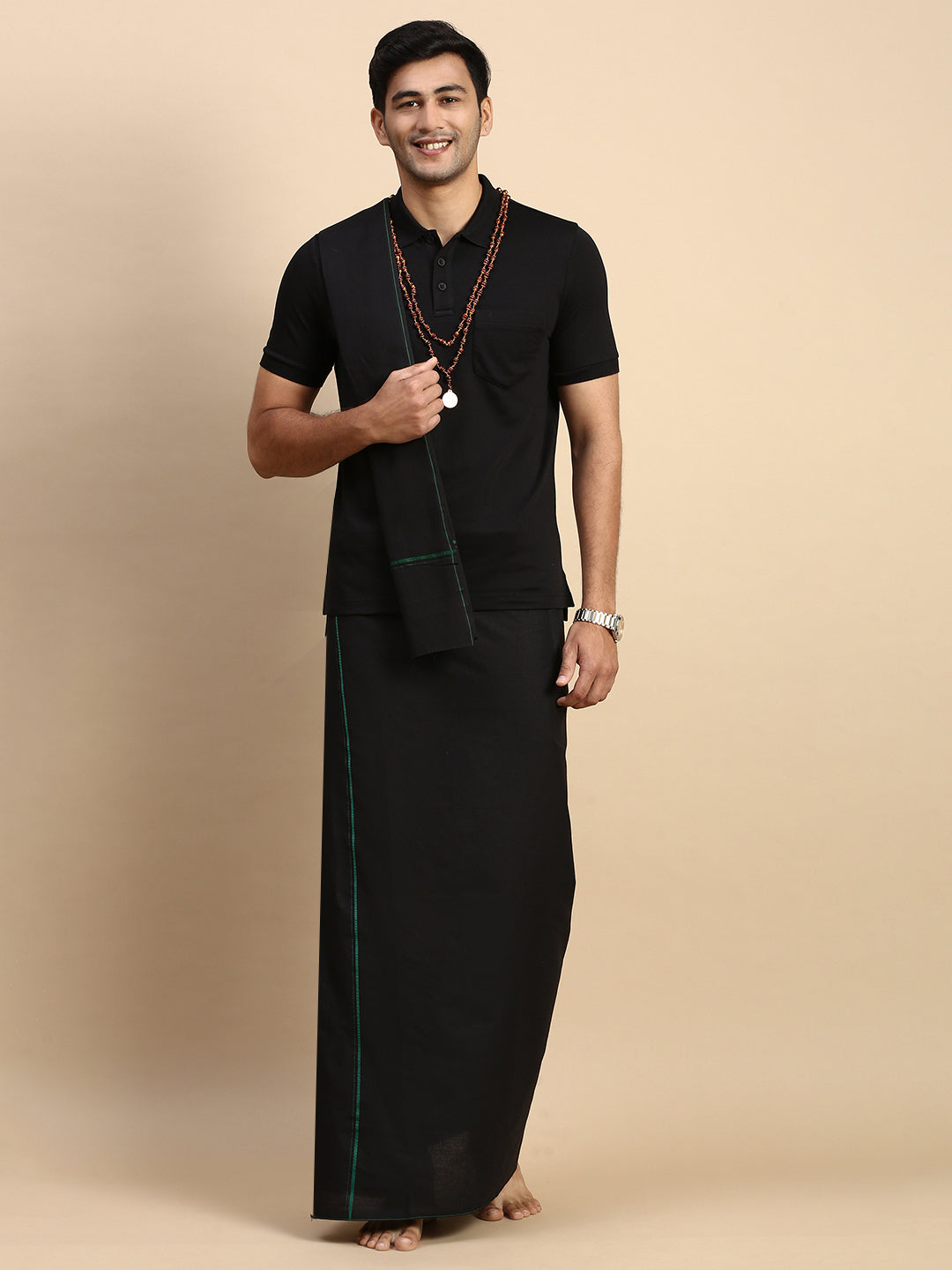 Men Devotional Small Border Dhoti with Towel & TShirt Set Black EPD14