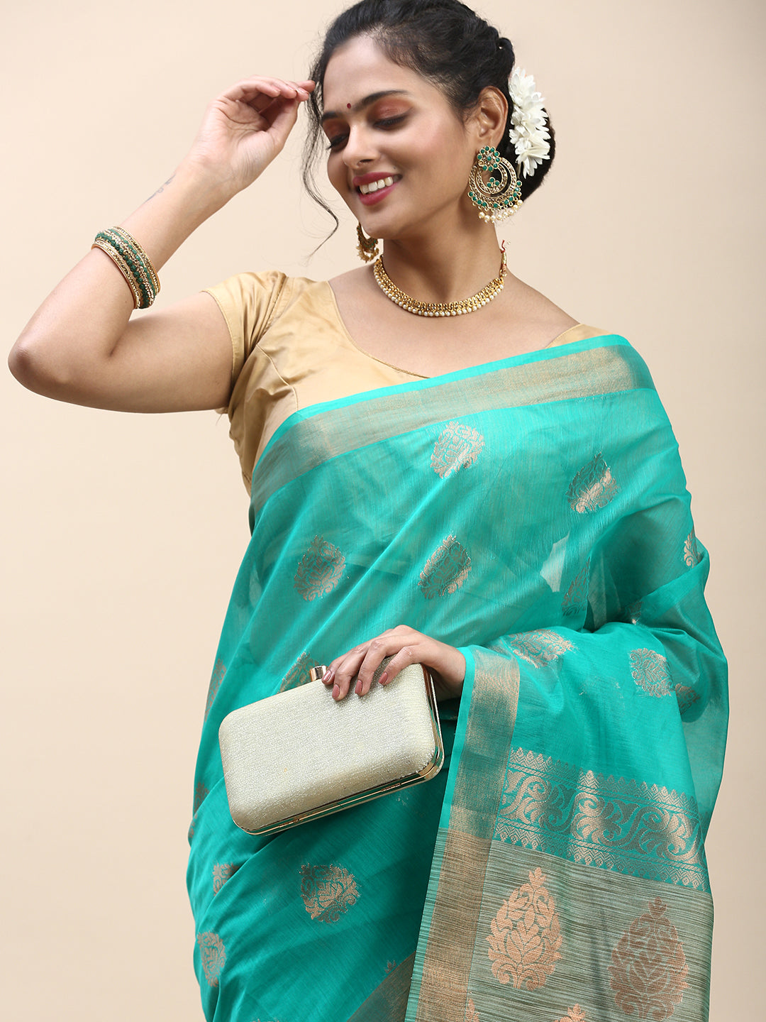 Women Semi Cotton Saree Green SC31