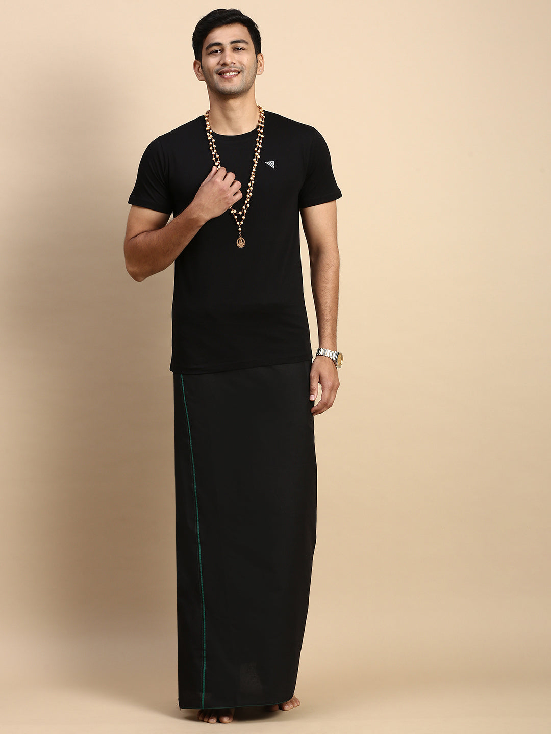 Men Devotional Small Border Dhoti & TShirt Set Black ET14