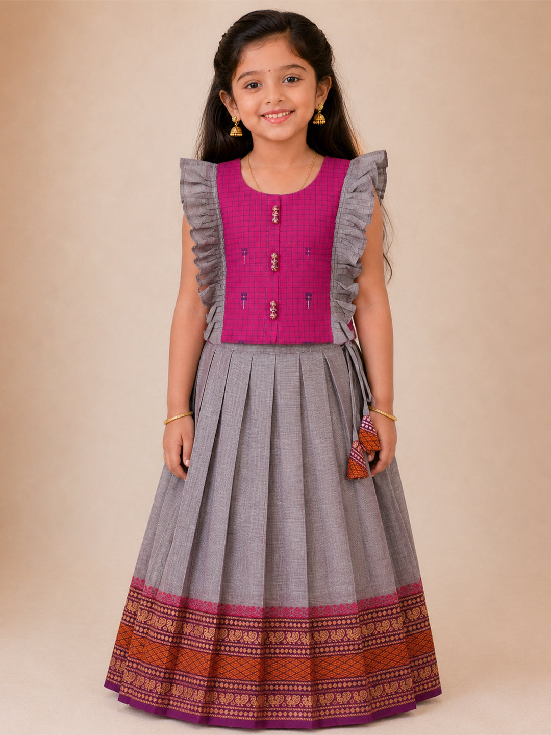 Girls Cotton Pink with Violet Pattu Pavadai Set GPS50