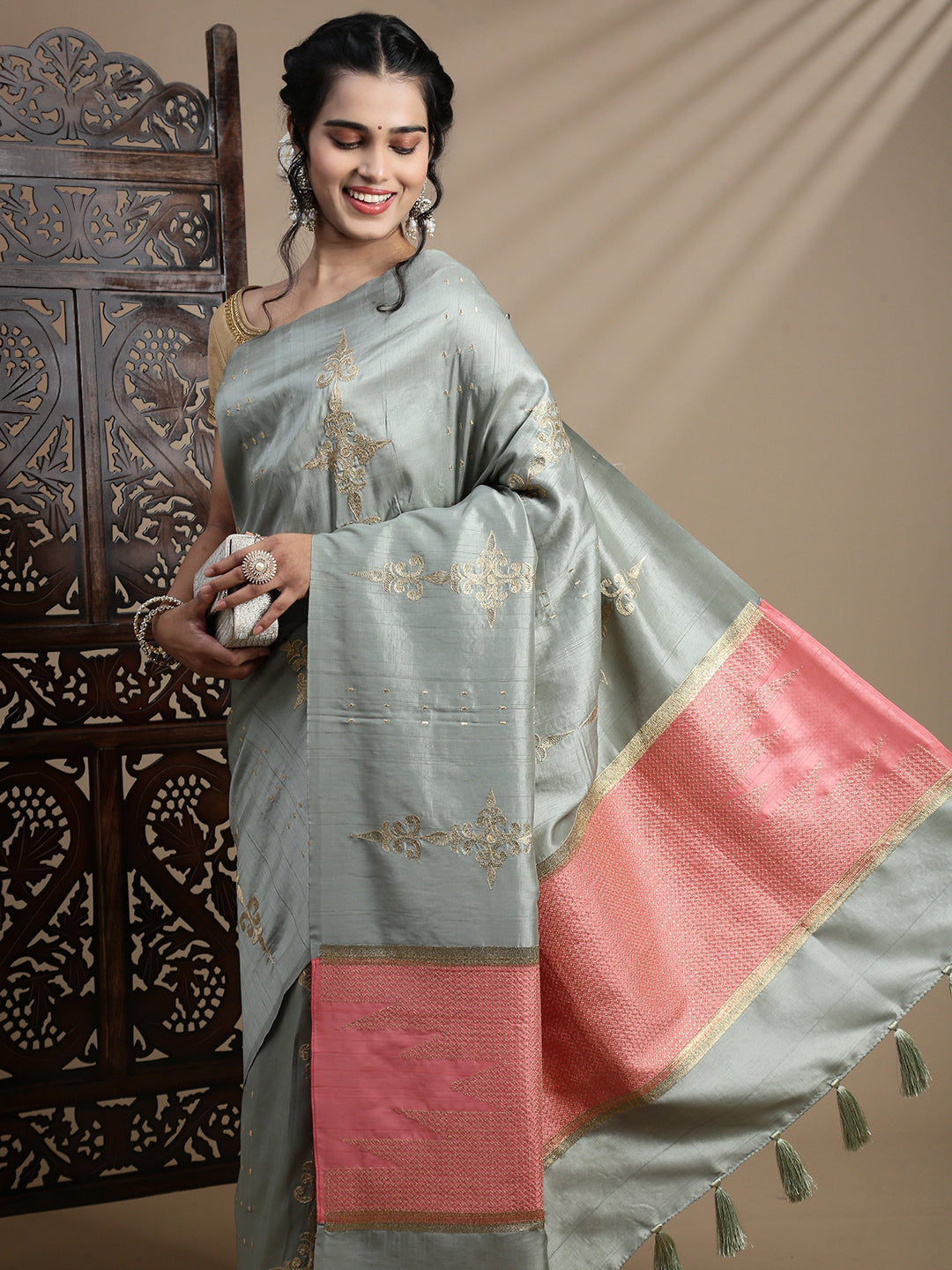 Women Sage Green Semi Tussar Embroidered Saree ST313