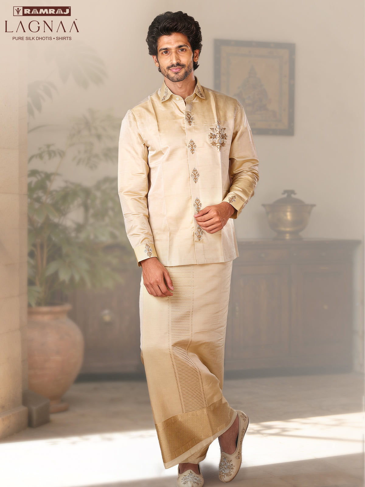 LAGNAA Premium Pure Tussar Silk Hand Embroidered Designer Shirt & Dhoti Set with Royal Butta Detailing Signature Chest Emblem Jari | Rajarudhran