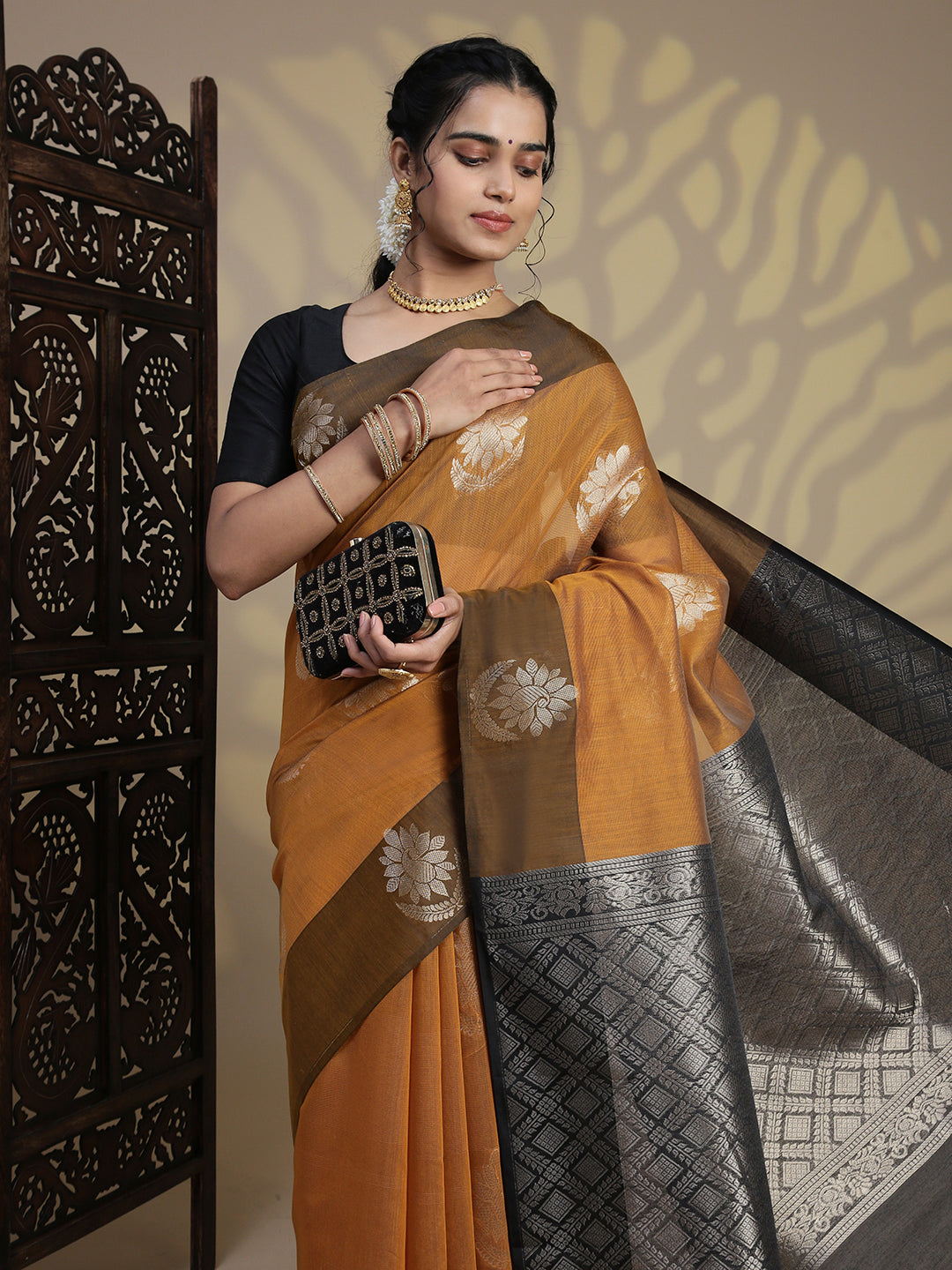 Women Mustard Kora Cotton Saree SK109