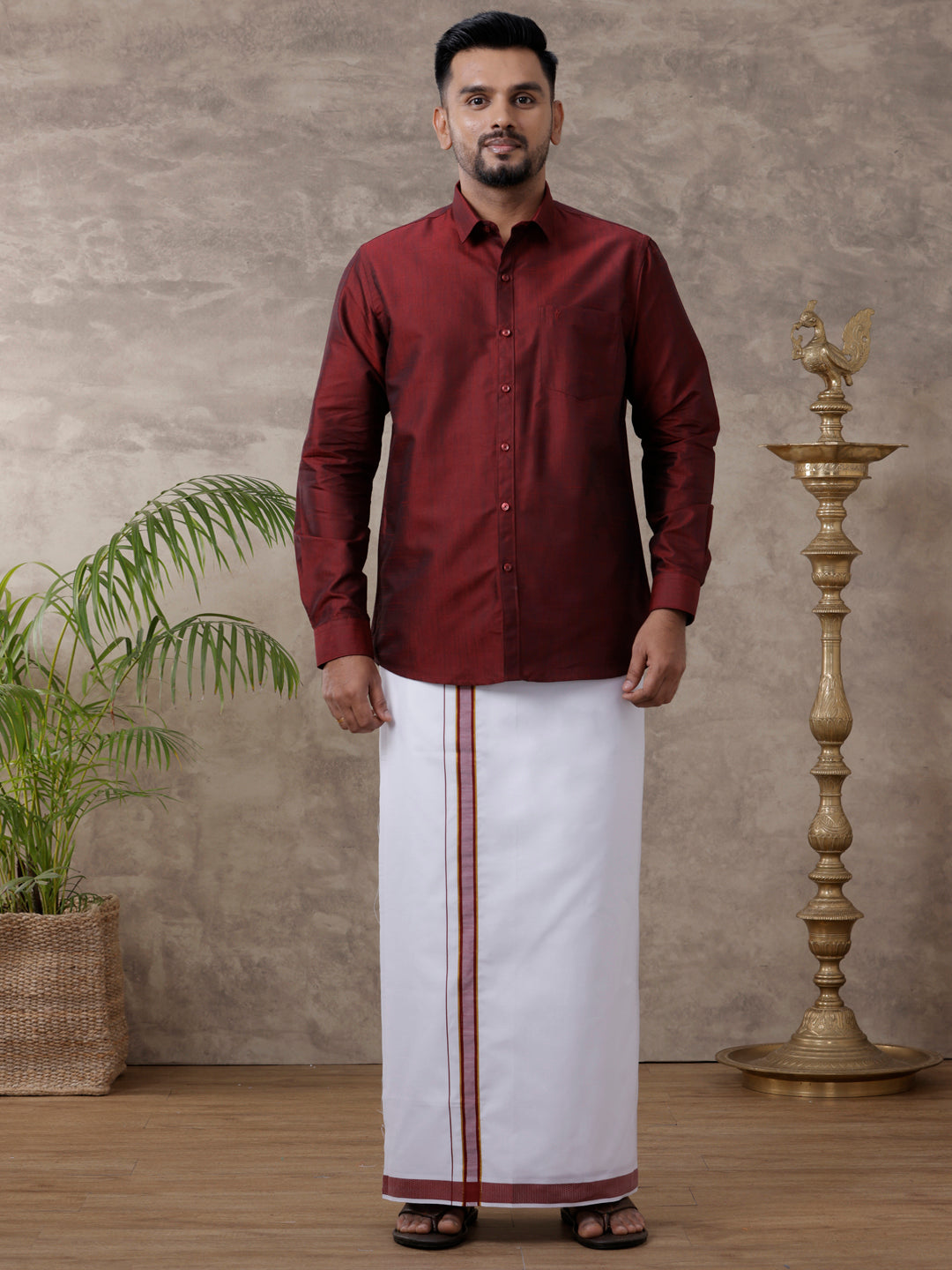 Mens Matching Jari Border Dhoti & Shirt Set Full Maroon VB7