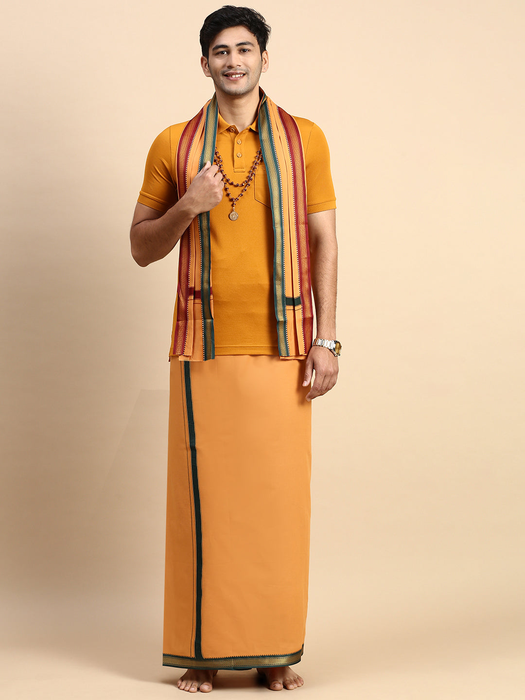 Men Devotional Mayilkhan Border Dhoti with Towel & TShirt Set Kavi EP41