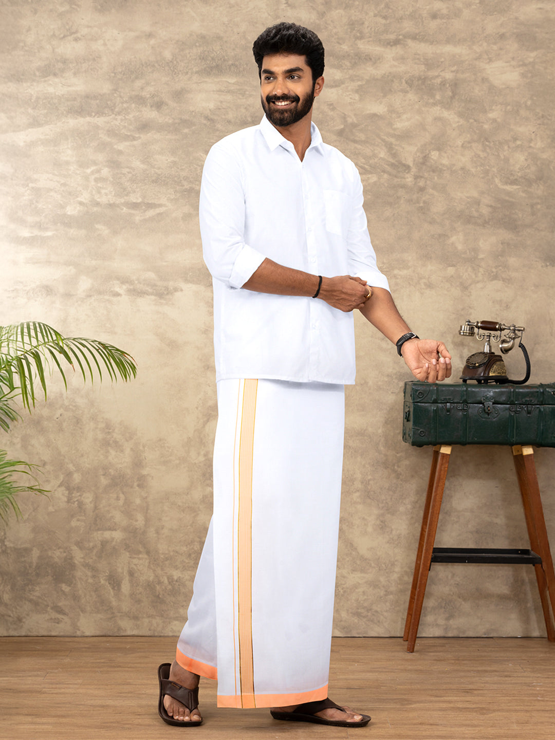 Men Cotton Blend Readymade Single Layer White Dhoti with Fancy Jari Border GACJ38