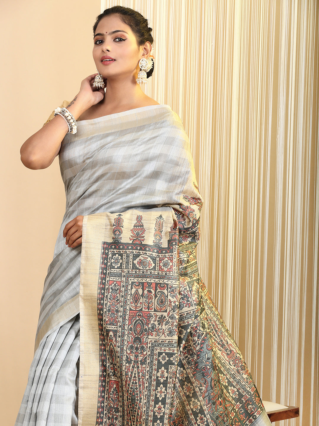 Womens Semi Tussar Printed Saree Grey ST186