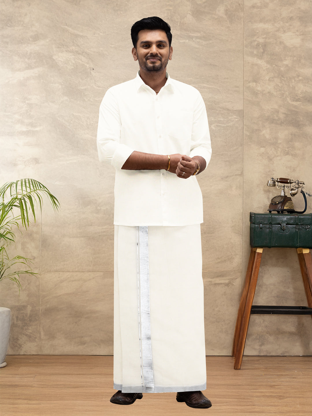 Men Kora Cotton Double Layer Dhoti with 1 1/2"inch Silver Jari Border Silver Mark