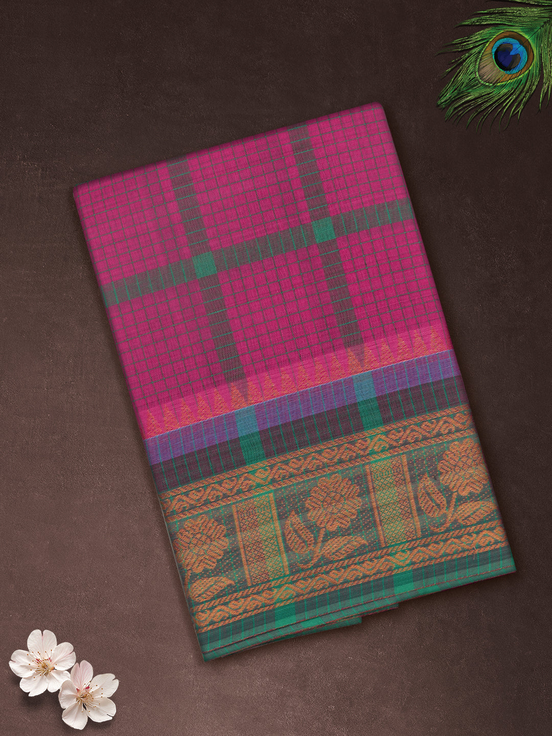 Women Dark Pink Checks Pure Chettinad Cotton Saree PCS231