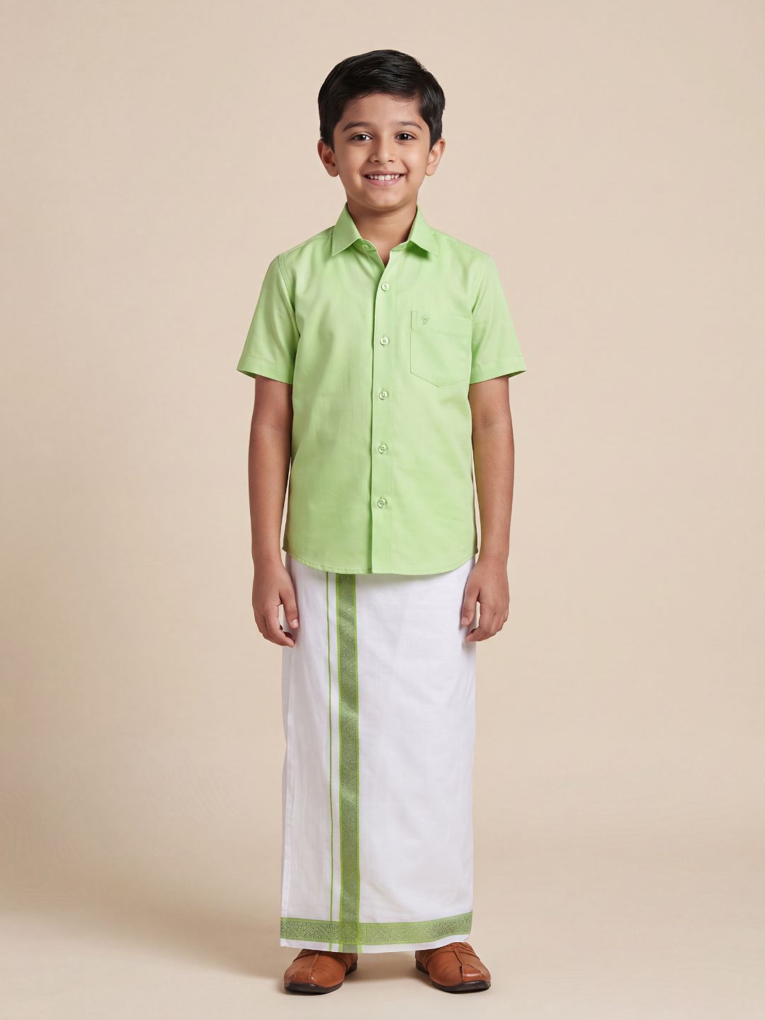 Boys 100% Cotton Green Shirt and Fancy Border Dhoti Set BT3