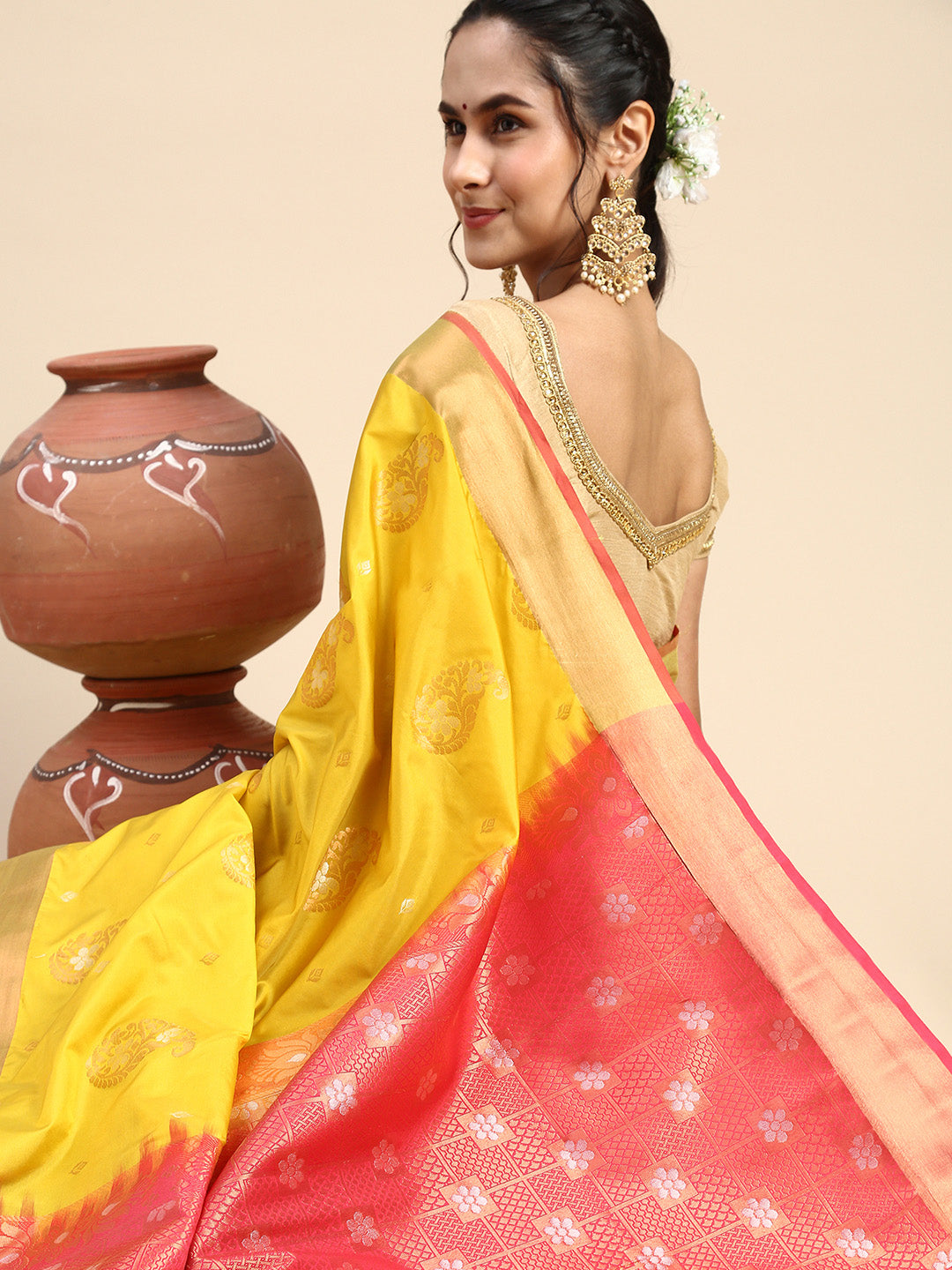 Elegant Semi Soft Silk Yellow Colour With Dark Pink Border Saree SS48-Side view
