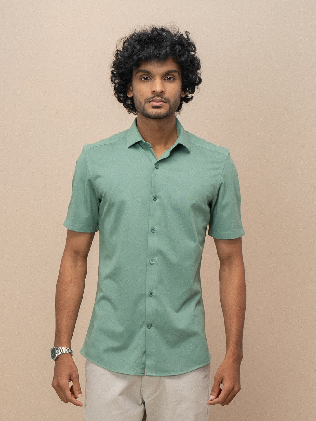 Men Poly Cotton Stretchable Green Half Sleeves Shirt ER2