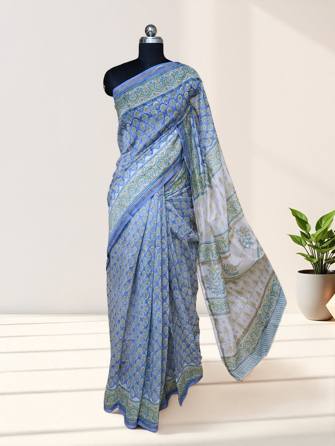 Women Blue Pure Chanderi Cotton Printed Saree SC76