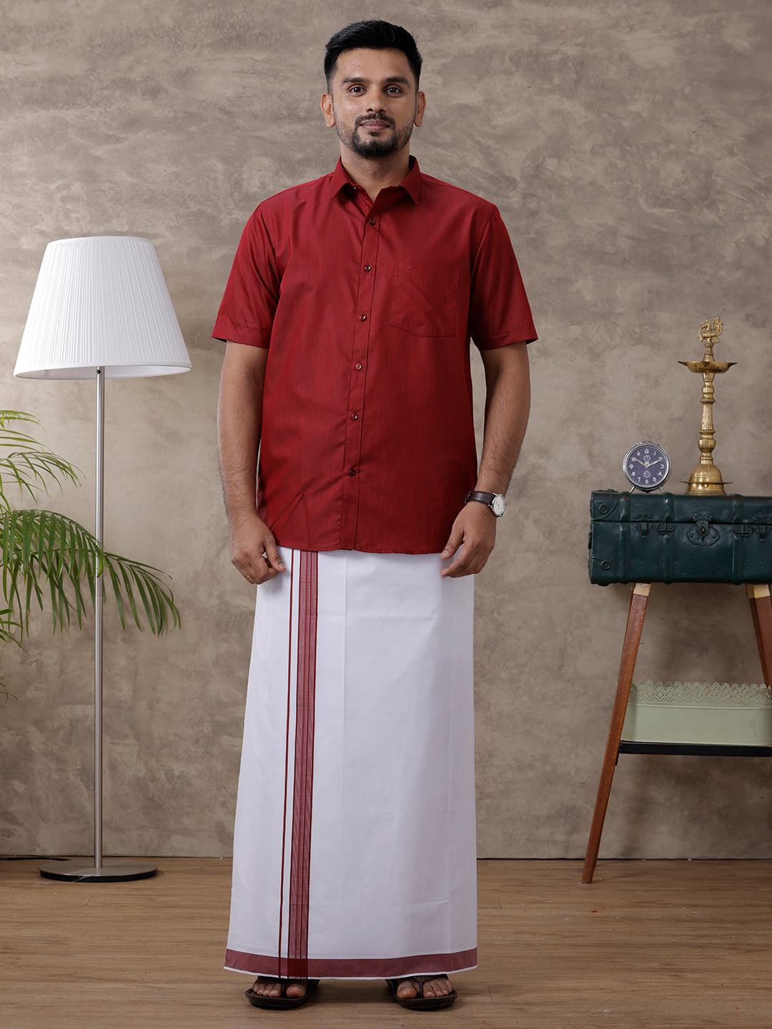 Men Dark Red Matching Border Dhoti & Half Sleeves Shirt Set Evolution IC9