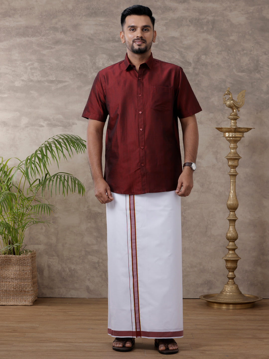 Mens Matching Jari Border Dhoti & Shirt Set Half Maroon VB7