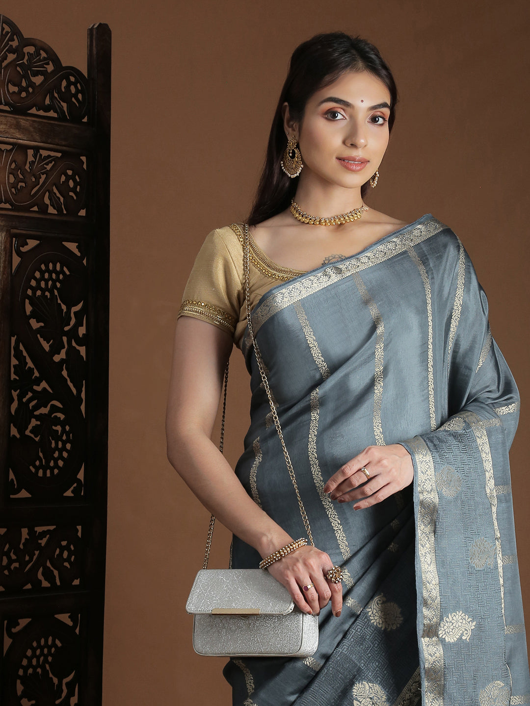 Women Semi Mysore Silk Saree Grey SS406