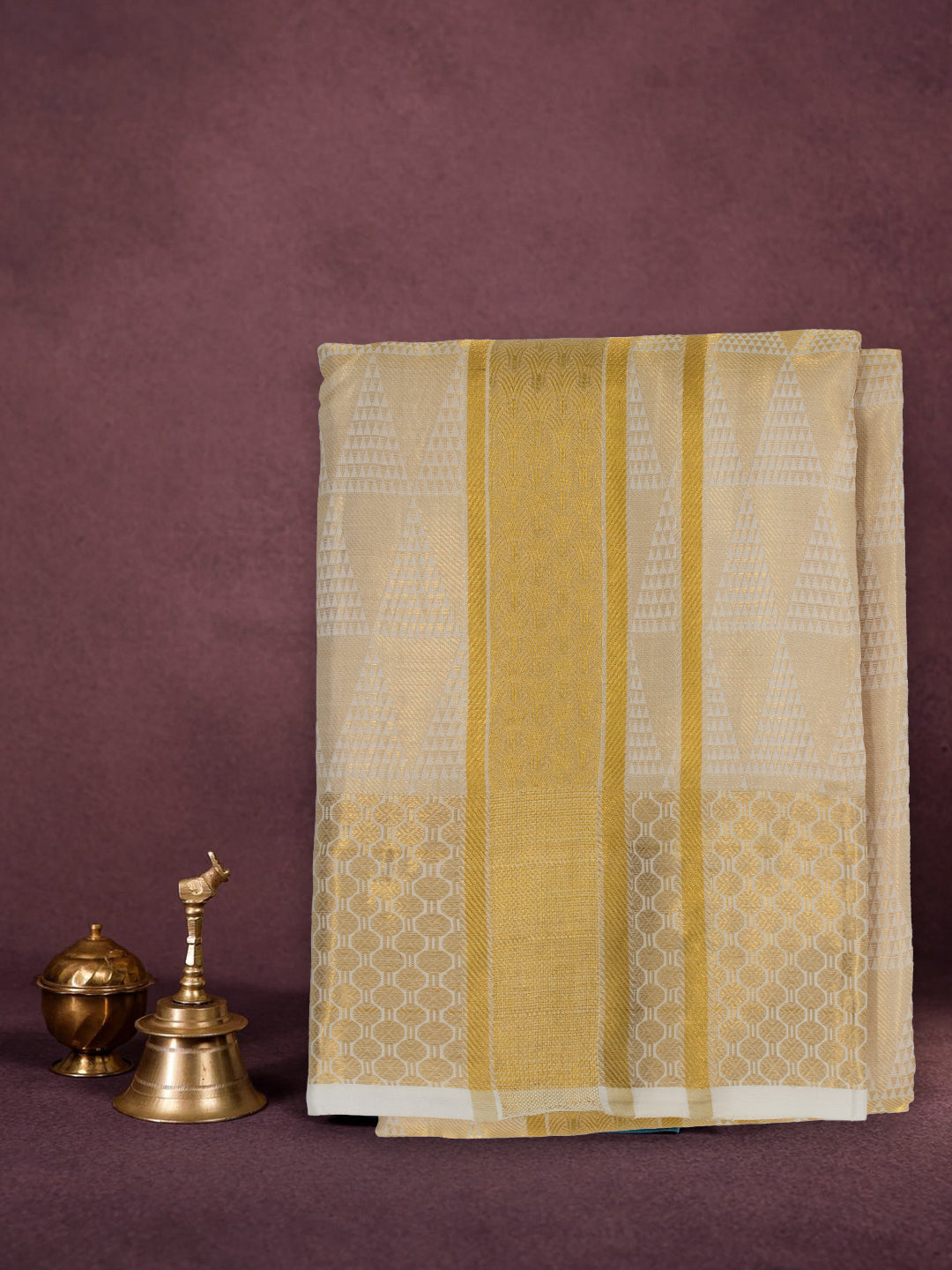 Men Premium Pure Silk Gold Tissue Emboss Design Dhoti Shirting & Towel Set with 5" inch Gold Jari Border RJ04