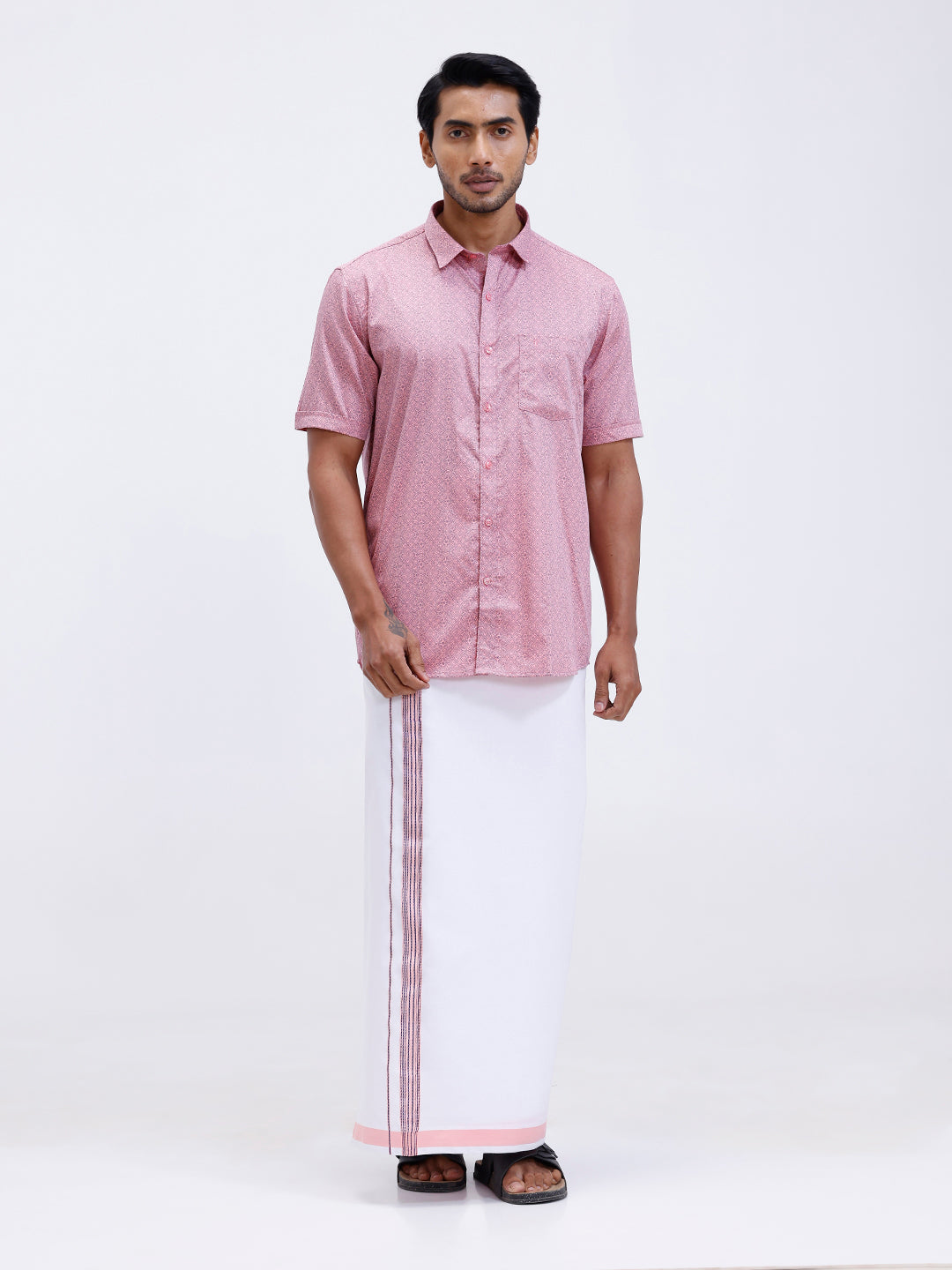 Men Soft Pink Matching Border Dhoti With Printed Shirt Set Fusion PS16