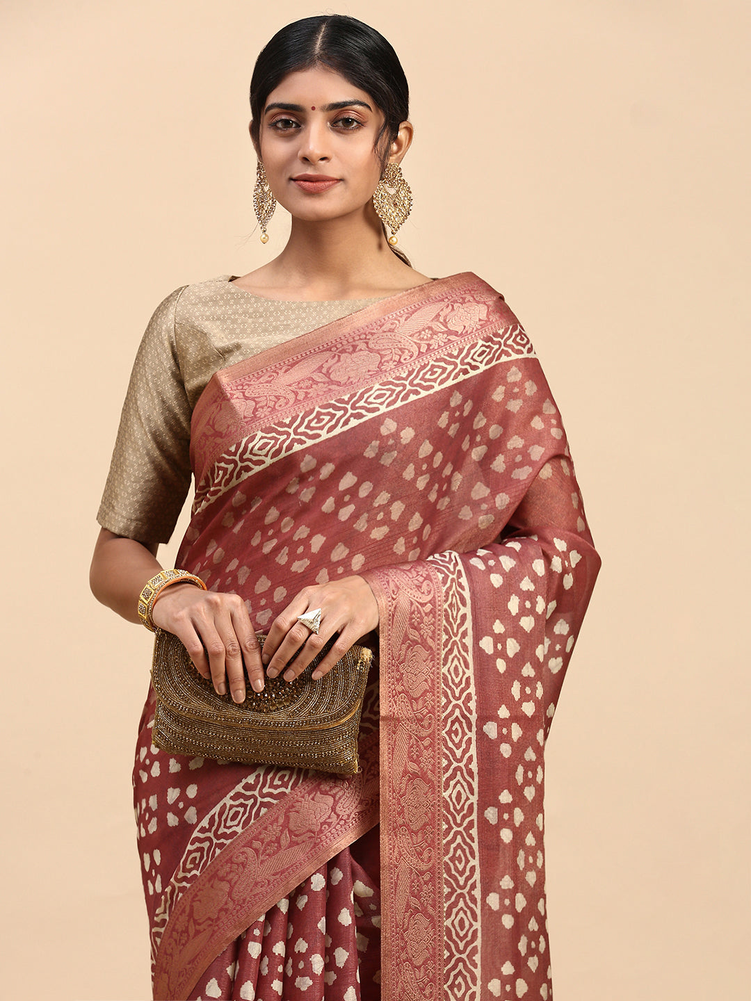 Women Semi Silk Tissue Weaving Saree Brown SS284