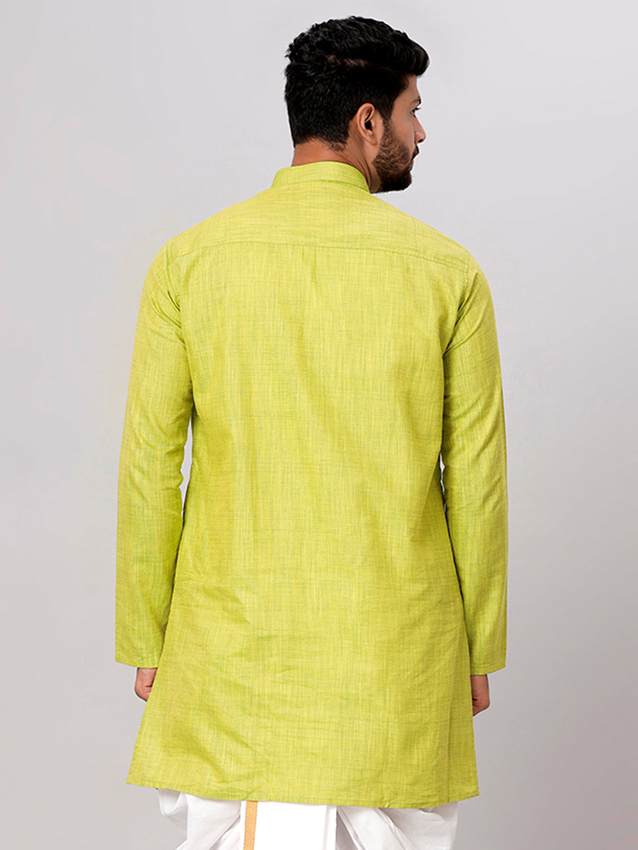 Mens Cotton Full Sleeves Parrot Green Medium Length Pocket Kurta FS2-Back view