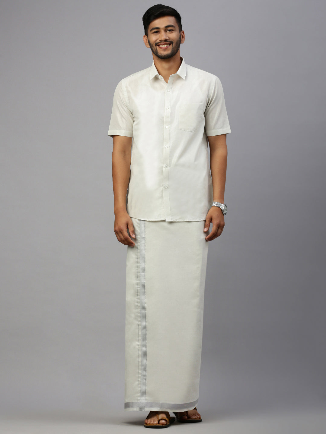 Men Silver Tissue Half Sleeves Shirt with Matching Readymade Single Layer Dhoti Combo