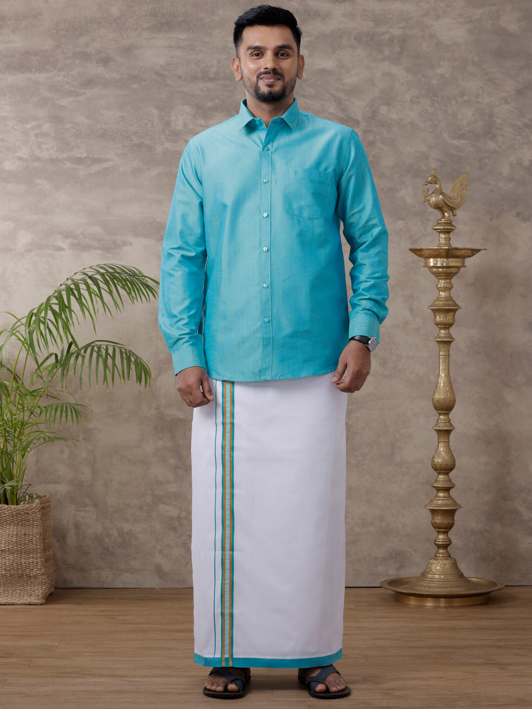 Men Matching Jari Border Dhoti & Full Sleeves Shirt Set Blue VB8