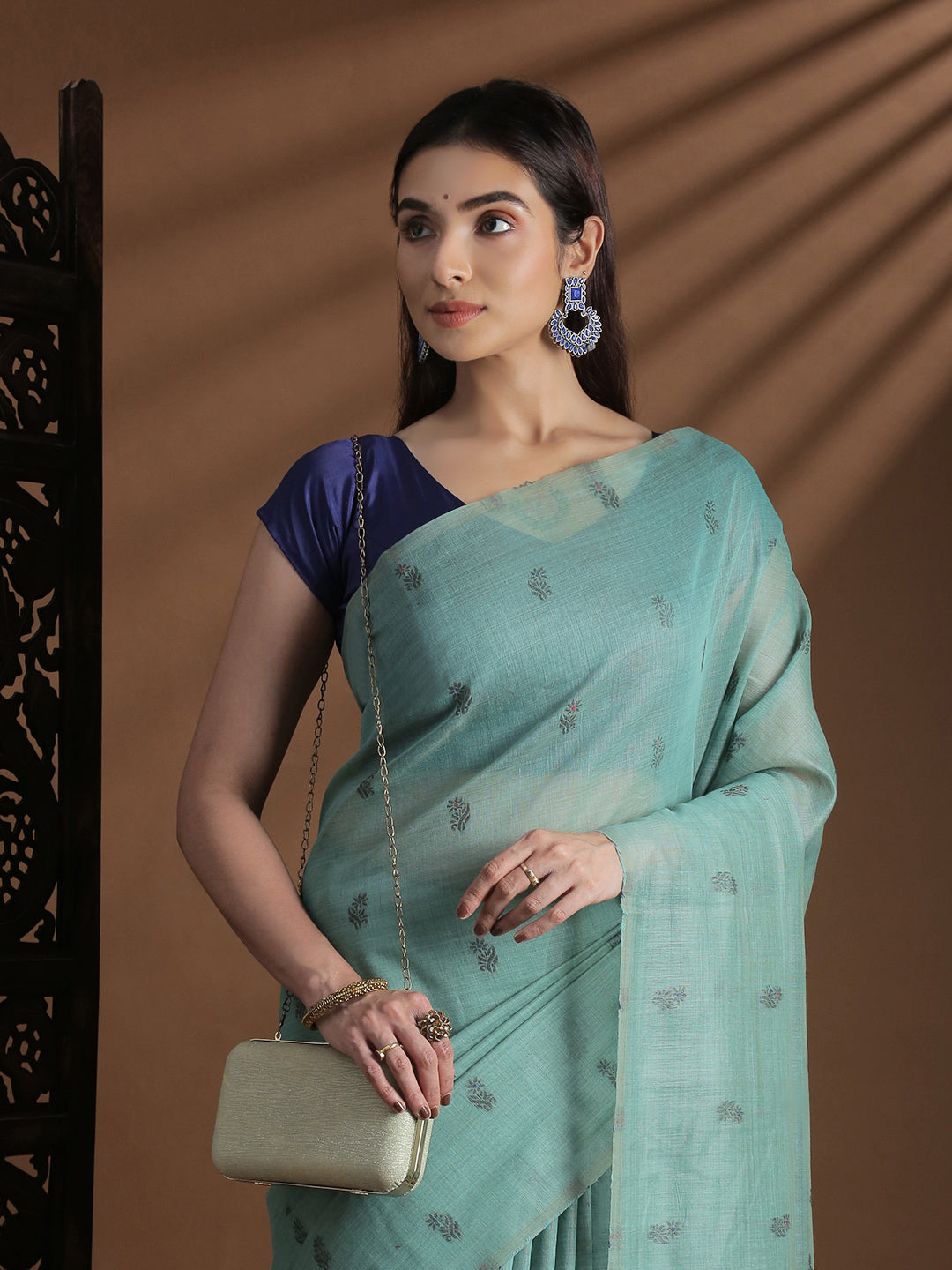 Women Sea Green Cotton Weaving Saree PCS256