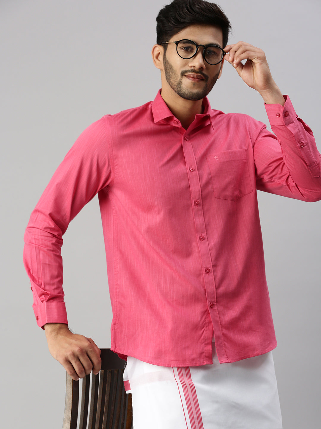 Mens Pink Matching Border Dhoti & Full Sleeves Shirt Set Evolution IC2-Close view