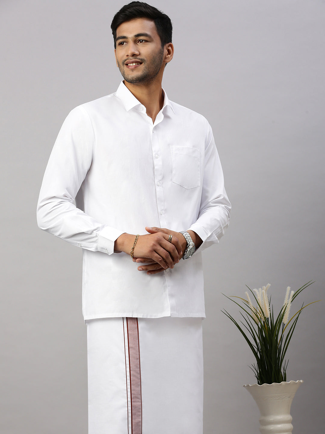 Mens Prestigious Look Cotton Single Dhoti with Brown Fancy Border - Winner Plain