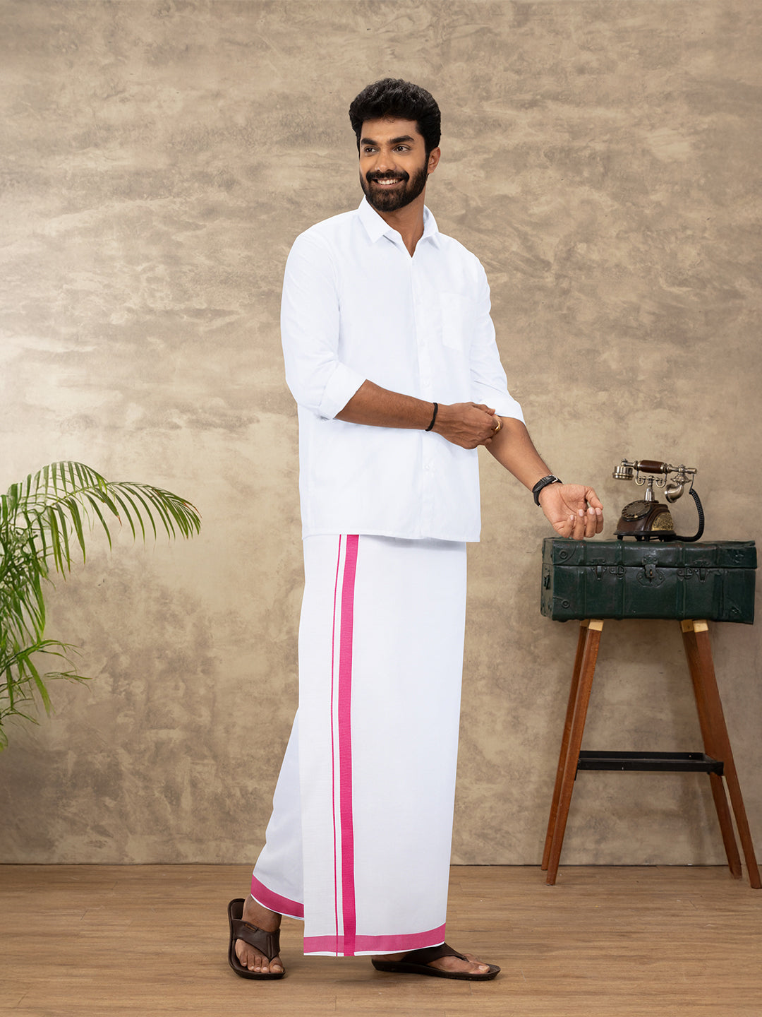 Men Cotton Blend Readymade Single Layer White Dhoti with Big Border GACS16