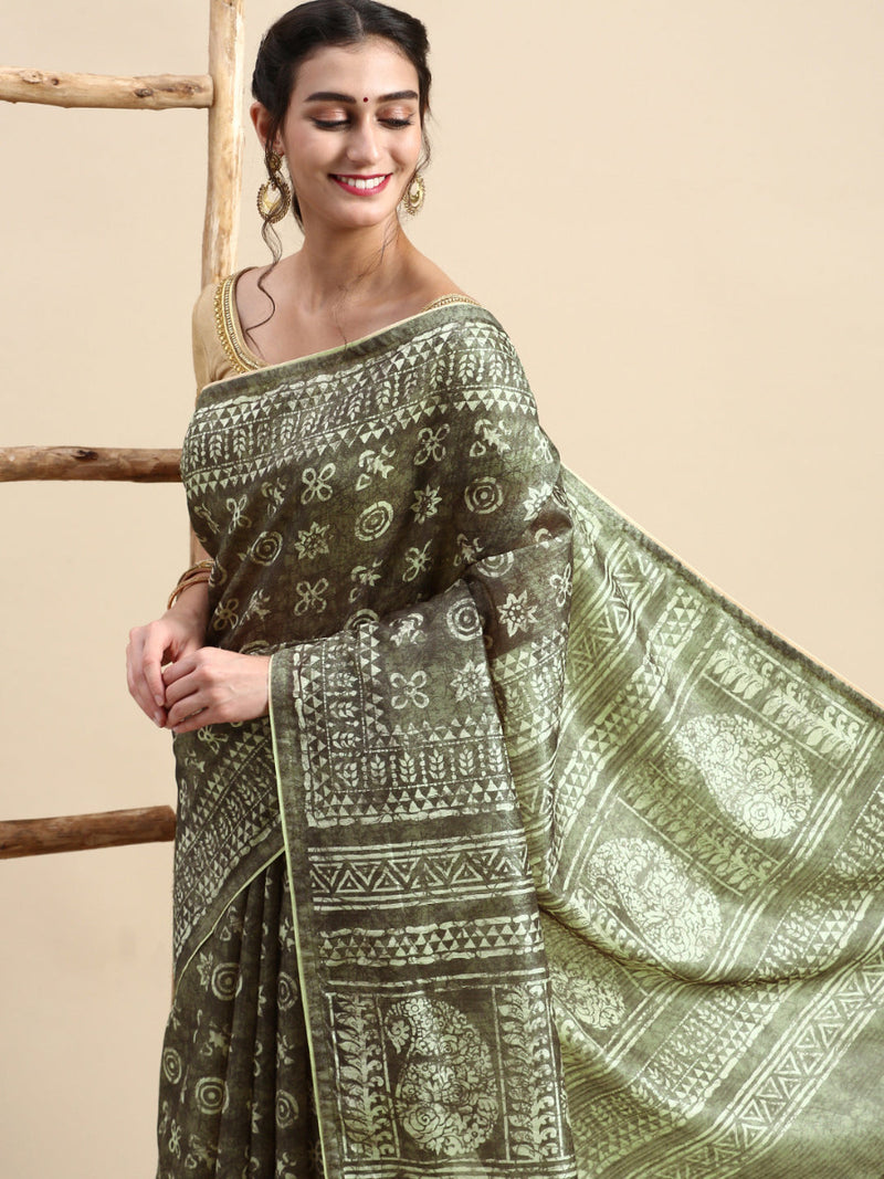Womens Semi Cotton Green and Sandal Flower Printed Saree SCS24
