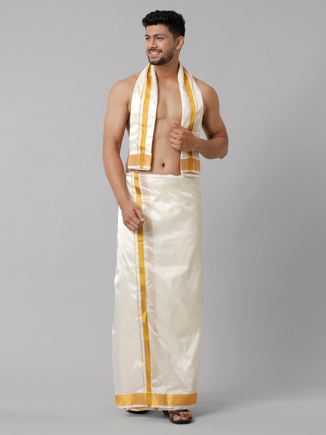 Mens Art Silk Double Dhoti Cream with Gold Jari Border 3/4 & Towel Set Kara Yoga