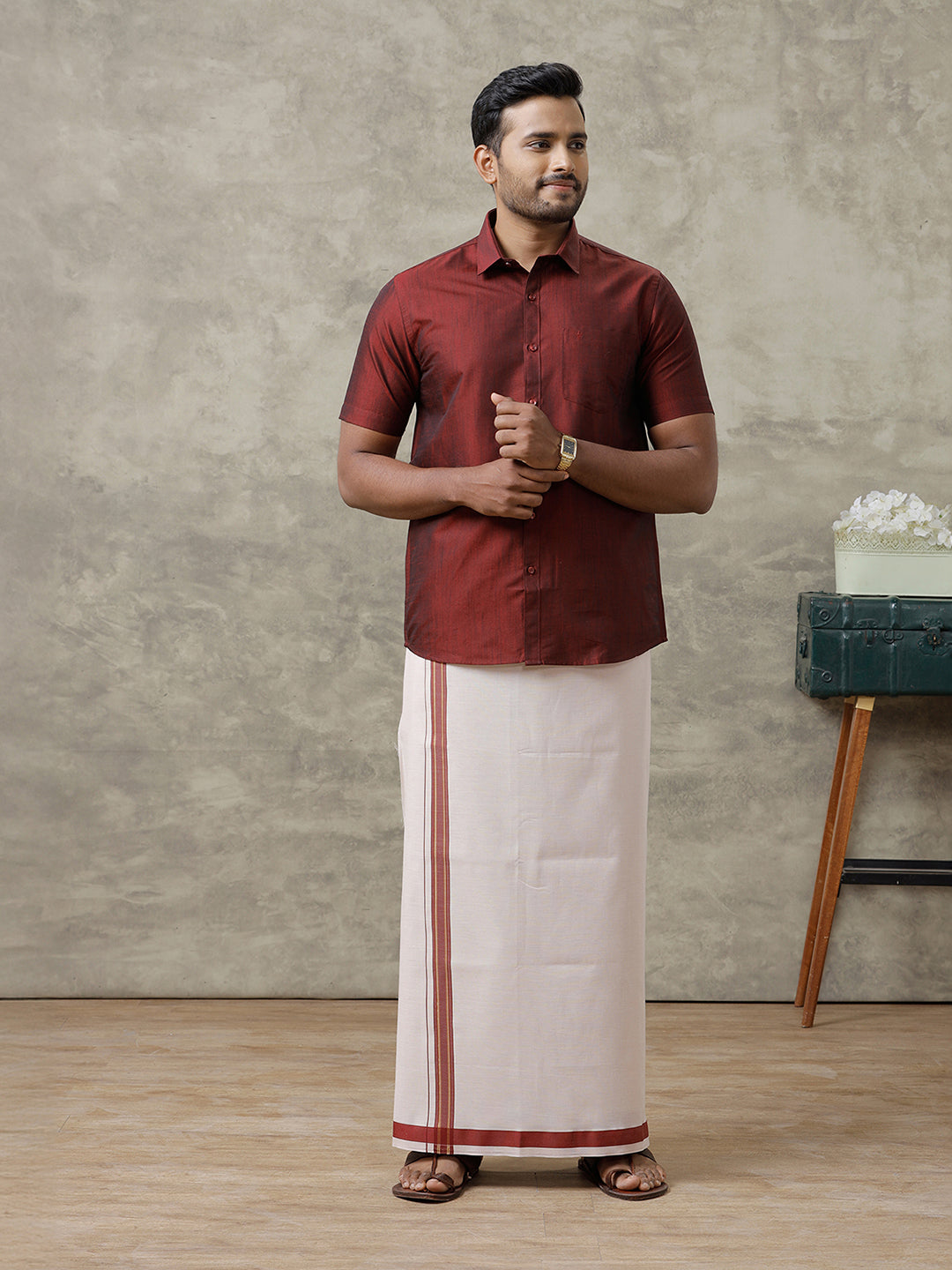 Men Cotton Blend Maroon Shirt and Tissue Dhoti Set VB7