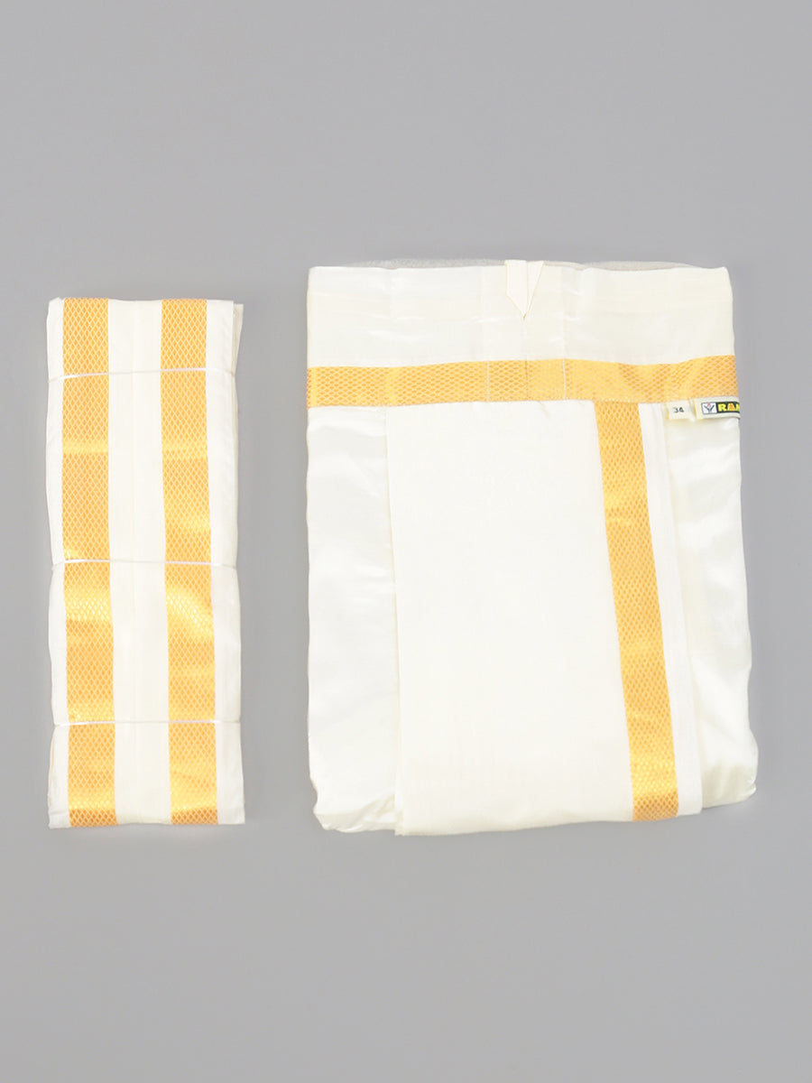 Men Silk Cream with Gold Jari Border Readymade Panchakacham & Towel Set 60K