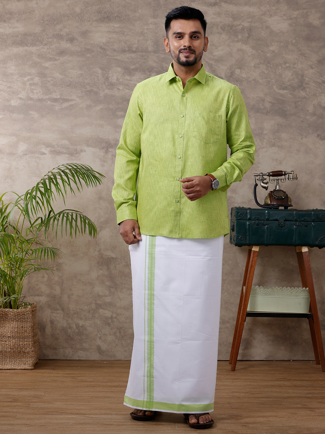 Men Matching Border Dhoti & Full Sleeves Shirt Set Green C82