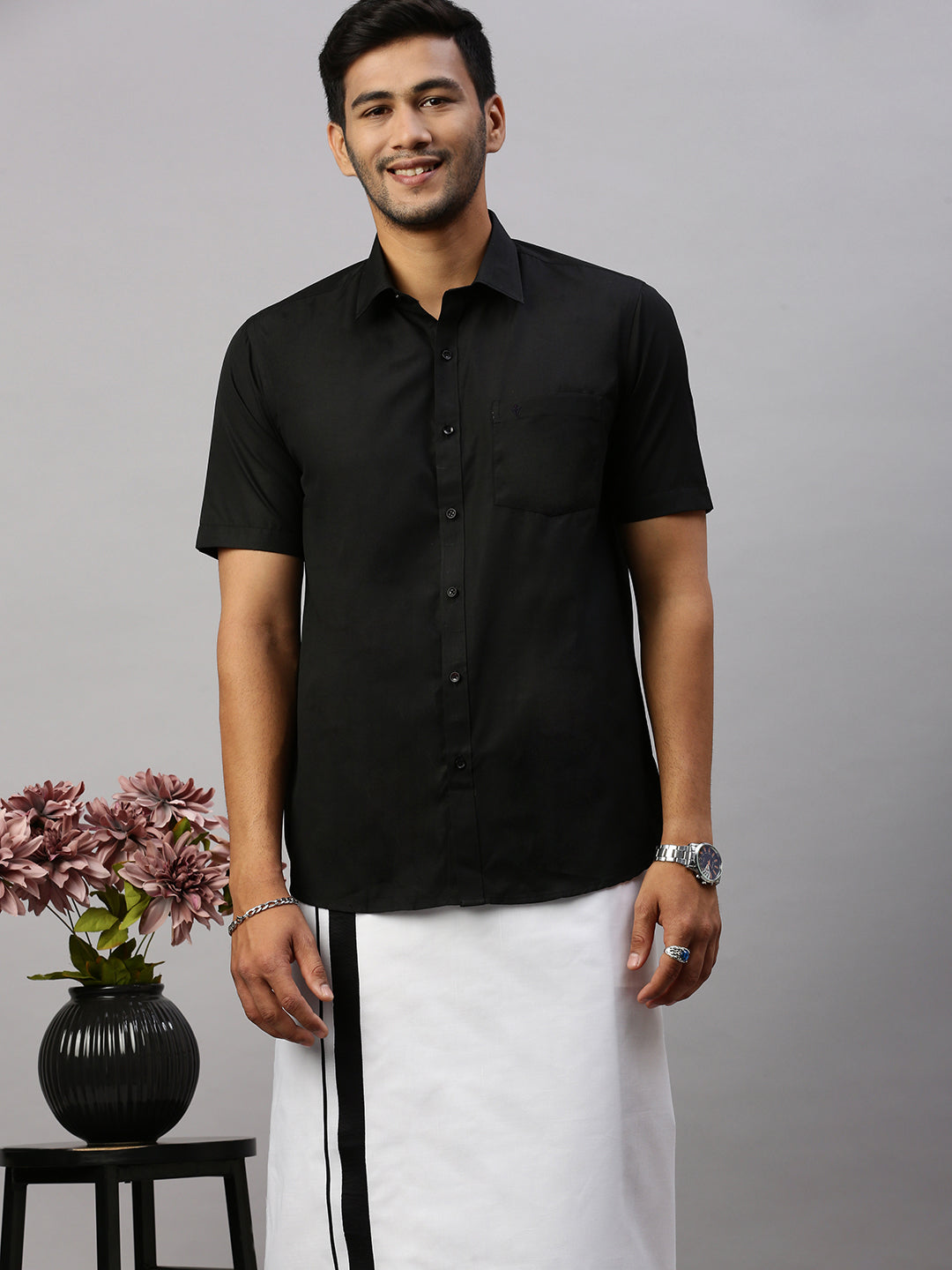 Men Double Dhoti White with Fancy Border Anchor Special Black