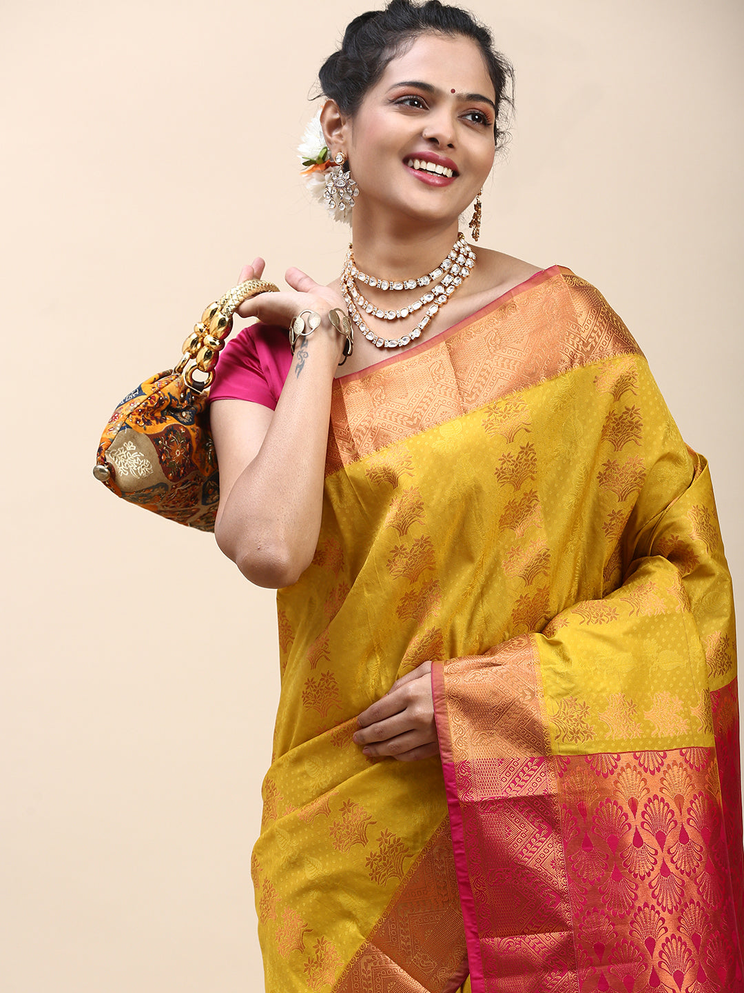 Women Semi Silk Saree Yellow SS308