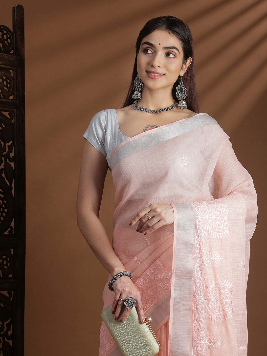 Women Light Pink Semi Linen Embroidered Saree SL238