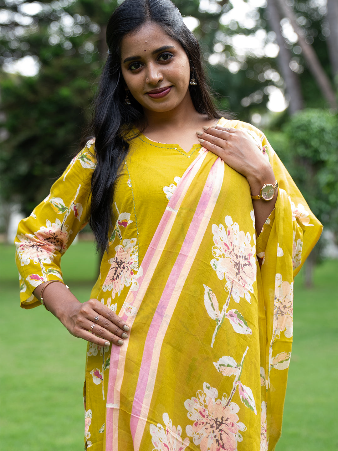 Women Pure Cotton Embroidered Mustard Kurti with Pant & Dupatta Set EKS111