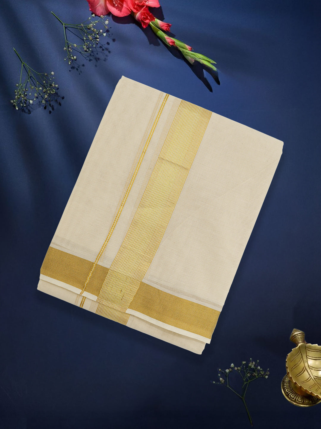 Men Premium Cotton Double Layer Cream Dhoti with Fancy Jari Border LC26