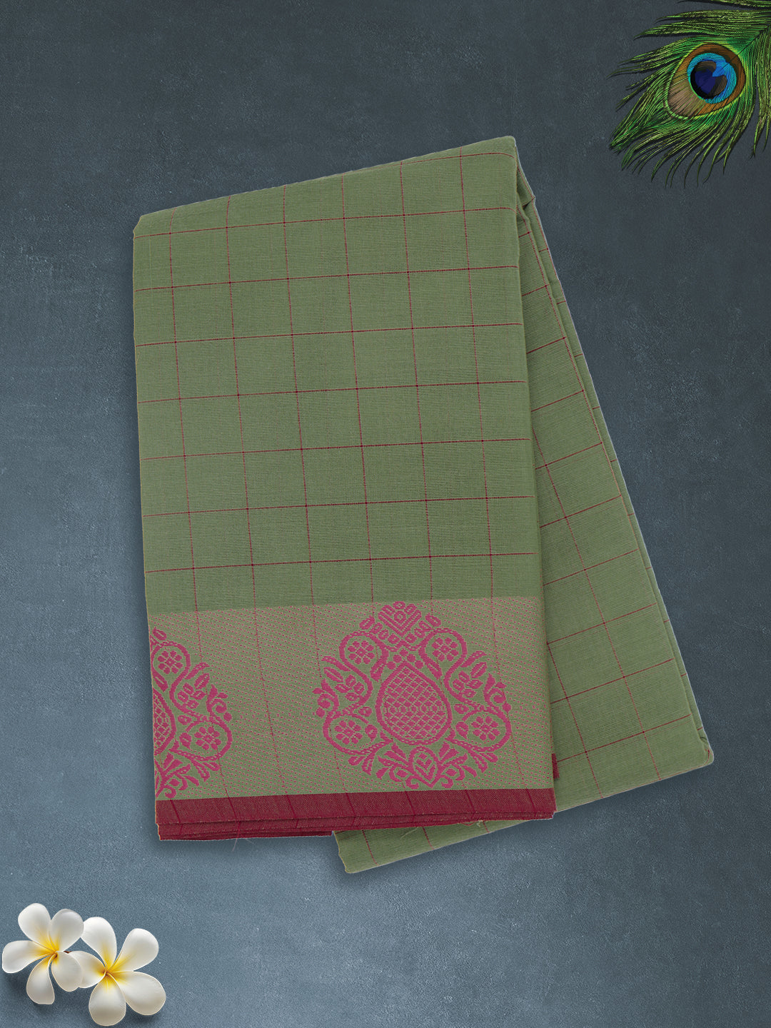 Women Olive Green Checks Pure Chettinad Cotton Saree PCS227