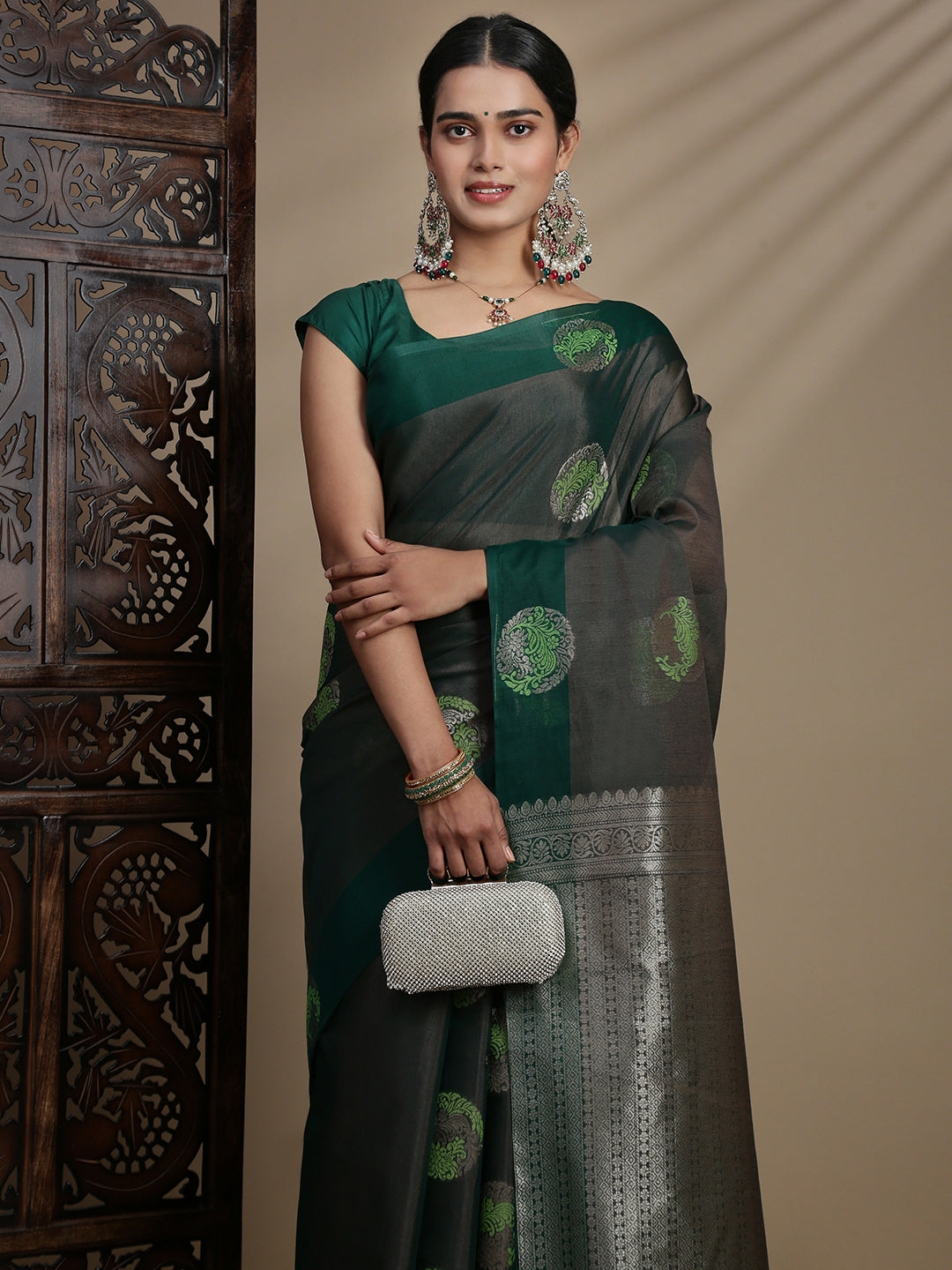 Women Green Semi Kora Cotton Saree SK117