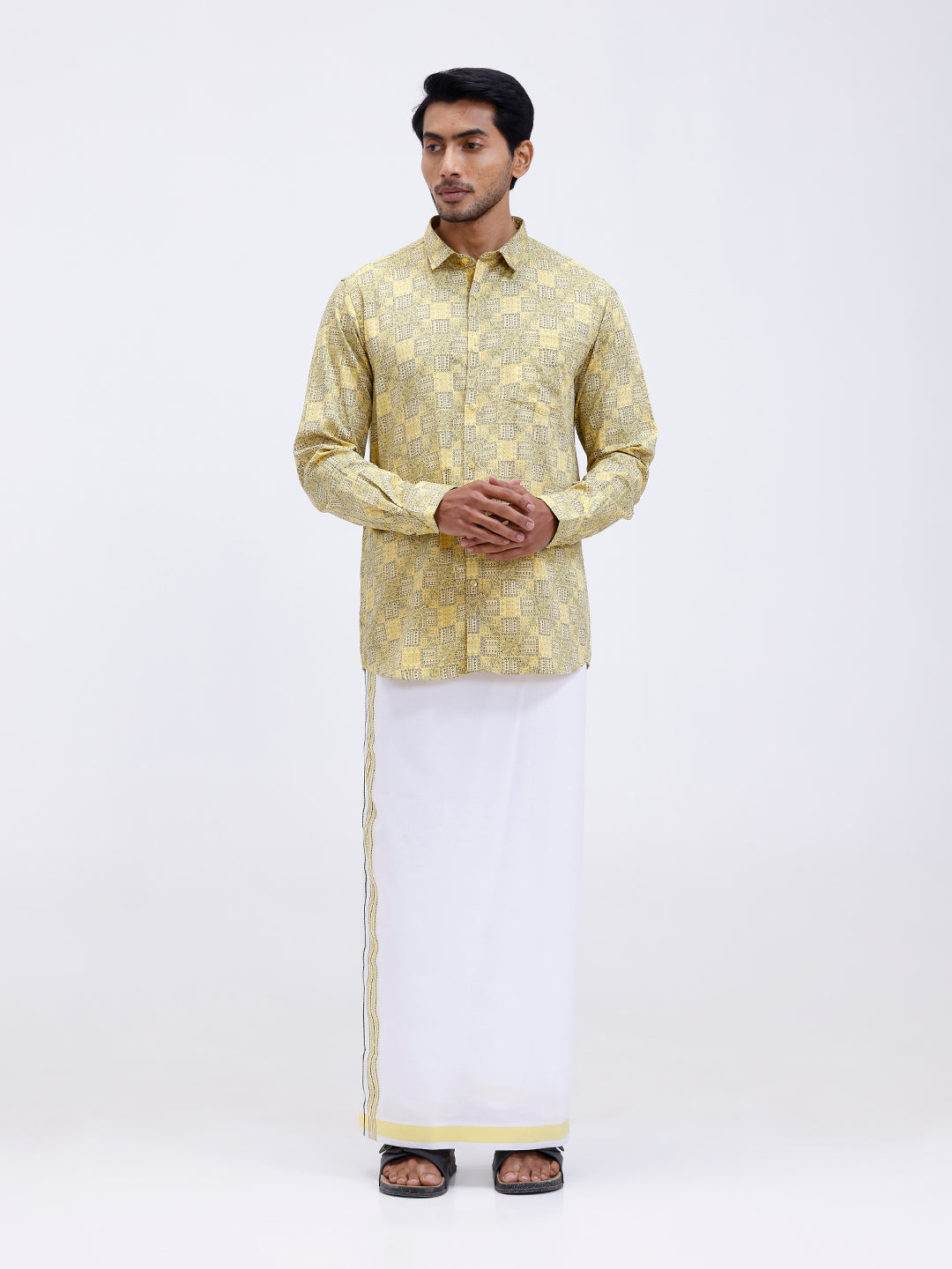Men Golden Yellow Matching Border Dhoti With Printed Shirt Set Fusion PS14