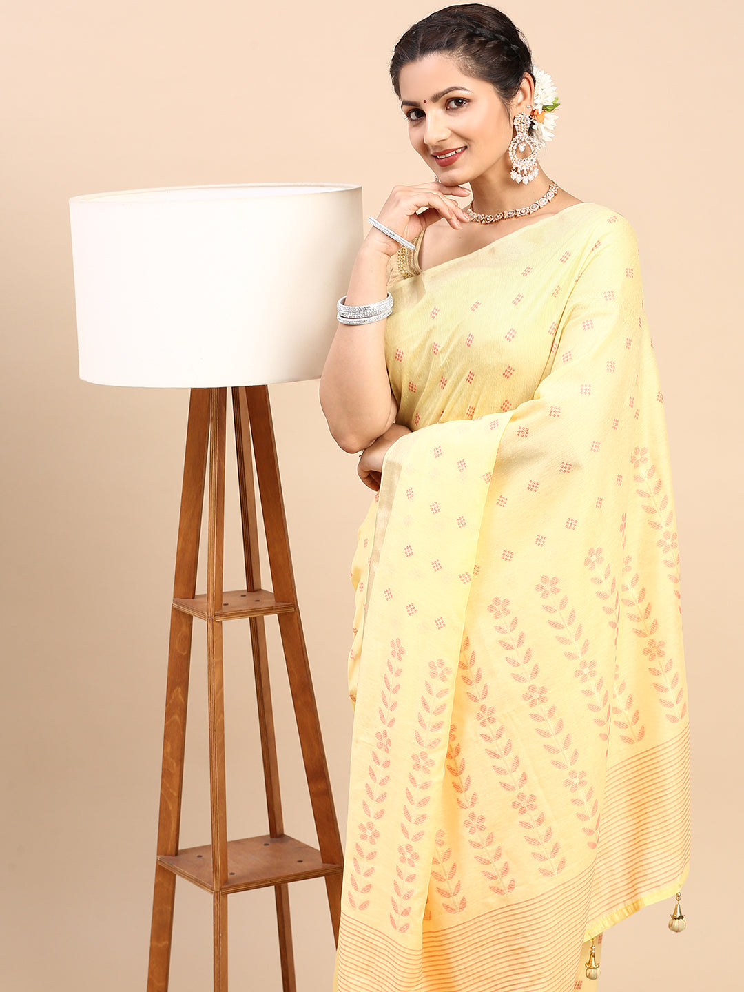 Women Semi Linen Weaving Saree Yellow SL155